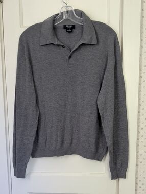 Brooks Sport Sweater Shirt Gray V-Neck 1/4 button Cotton Knit Long Sleeve Polo